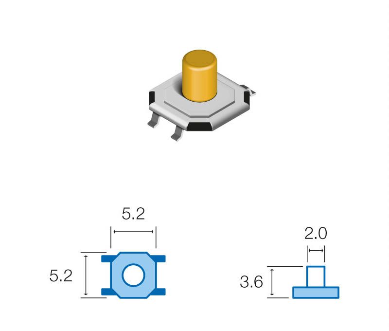 SW052. Pulsador de tacto SMD 5,2x5,2x3,6mm