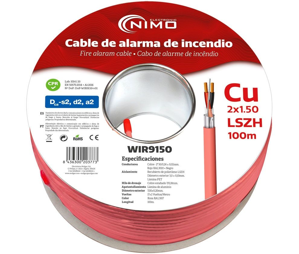 WIR9150. Cable de alarma LSZH, cobre 2x1.50, 100m